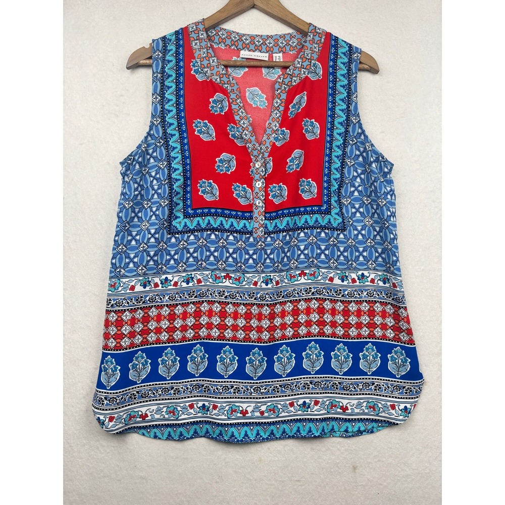 Susan Graver Sleeveless Blouse Womens MP Mixed Print Henley Boho Eclectic